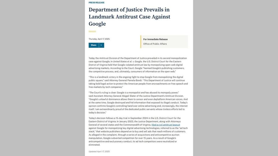 米Googleのオンライン広告に独禁法違反　米連邦地裁　検索サービスに続き2回目の違法判決