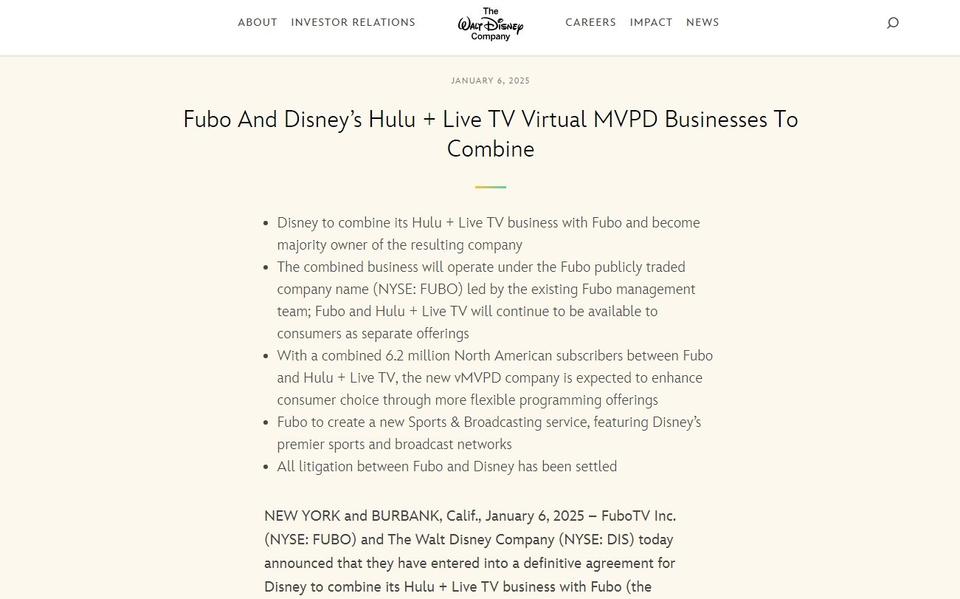 米配信サービスの「Hulu + Live TV」と「Fubo」が統合　Venu Sportsは開始を断念