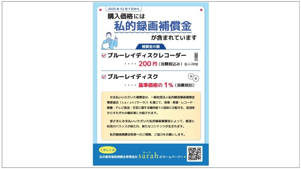 ブルーレイ私的録画補償金が2025年12月1日から徴収開始
